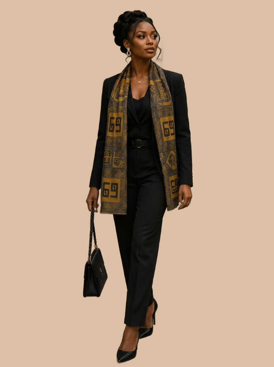 Yellow Paris chiffon scarf with Grounded Earth mudcloth-inspired geometric design and gold-thread hem — additional view 6