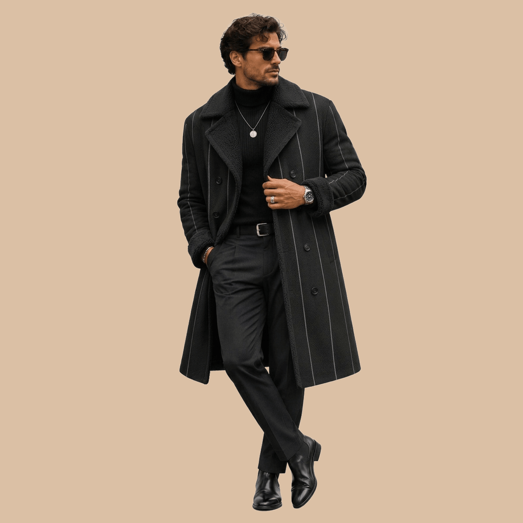 Man in black pinstripe winter coat with textured collar and cuffs