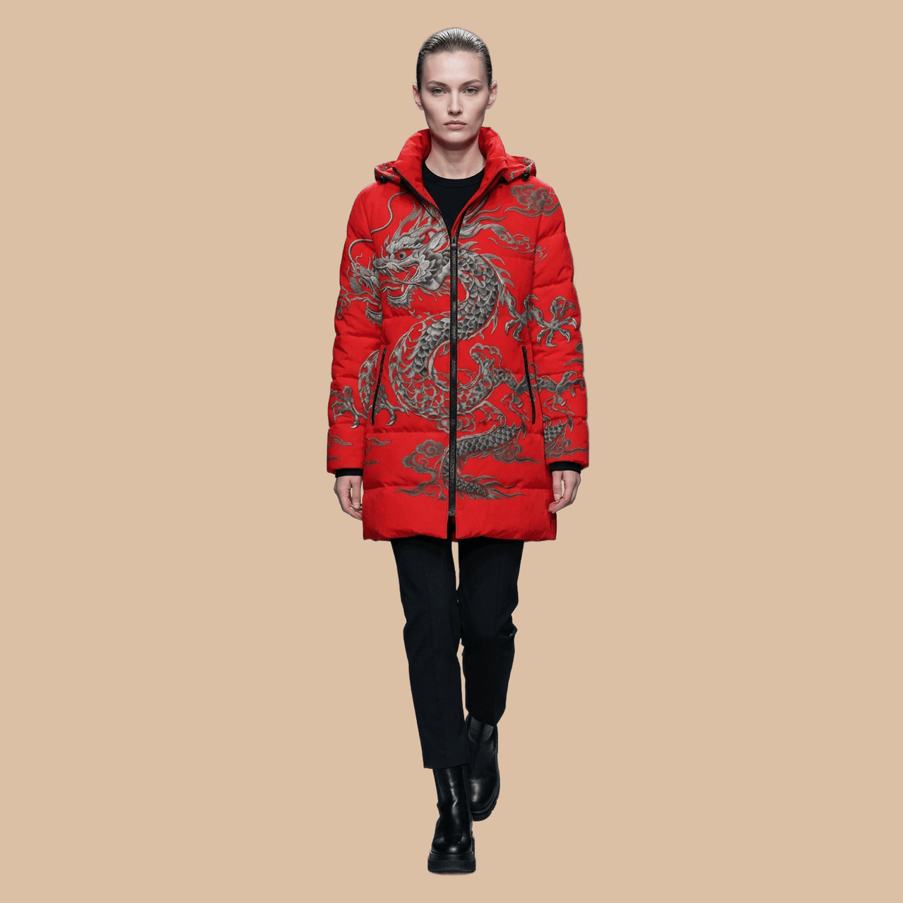 Women's red Feng Shui dragon hooded puffer coat with cloud motifs