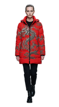Load image into Gallery viewer, Rich and Rich Women's Red Feng Shui Dragon Hooded Puffer Coat
