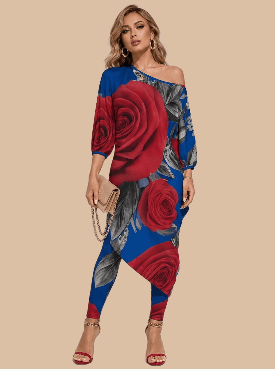 Royal blue and red rose off-shoulder two-piece set with diagonal floral print — additional view 6