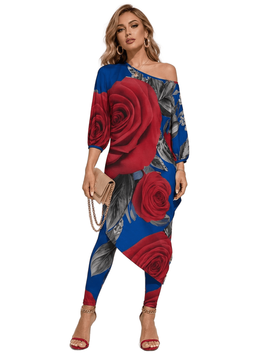 Rich and Rich Diagonal Royal Blue Red Rose Women's Off Shoulder Two-piece Set - Rich and Rich Homeopportunities