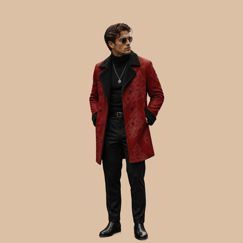 Rich and Rich Red Geometric Men Men's Double Breasted Coat - Rich and Rich Homeopportunities