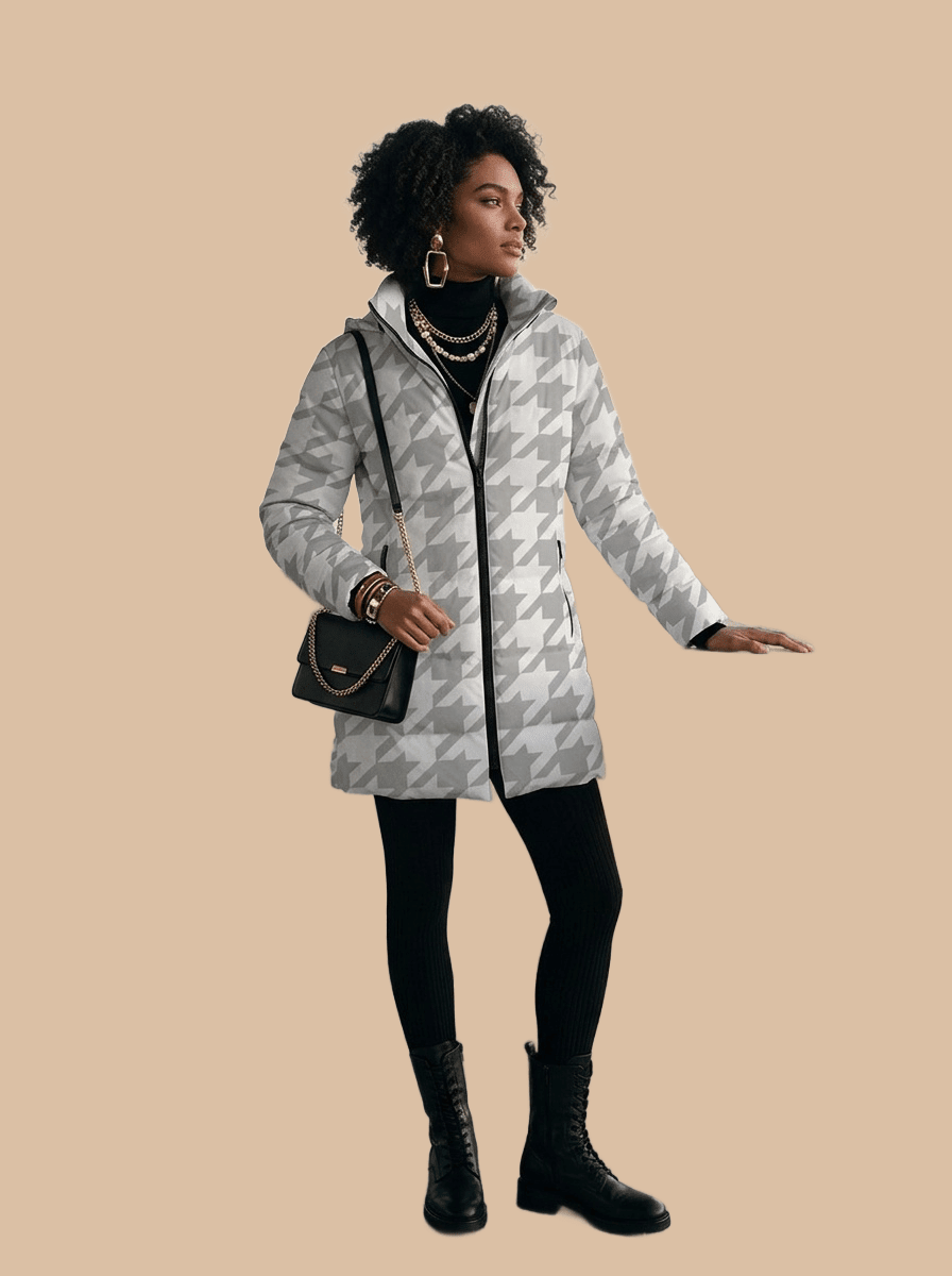 Rich and Rich Women's White Houndstooth Hooded Puffer Coat | Luxury Warm Winter Jacket with Detachable Hood - Rich and Rich Homeopportunities