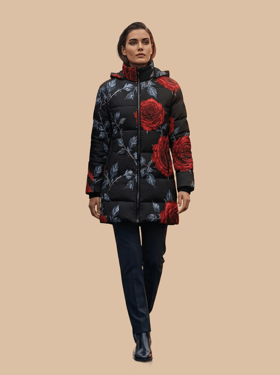 Rich and Rich Women's Black Hooded Puffer Coat with Red Roses | Luxury Floral Winter Jacket with Detachable Hood - Rich and Rich Homeopportunities