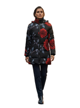 Load image into Gallery viewer, Rich and Rich Women's Black Hooded Puffer Coat with Red Roses | Luxury Floral Winter Jacket with Detachable Hood
