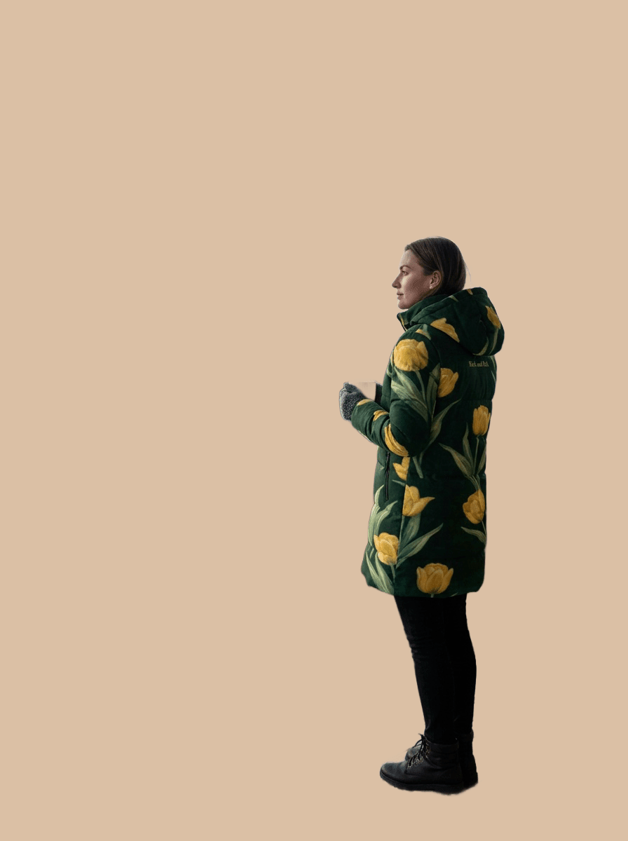 Rich and Rich Women's Emerald Green and Yellow Tulips Hooded Puffer Coat | Luxury Floral Winter Jacket with Detachable Hood - Rich and Rich Homeopportunities