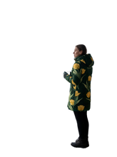 Load image into Gallery viewer, Rich and Rich Women's Emerald Green and Yellow Tulips Hooded Puffer Coat | Luxury Floral Winter Jacket with Detachable Hood
