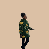 Women's emerald green puffer coat with yellow tulip floral print and detachable hood — additional view 6