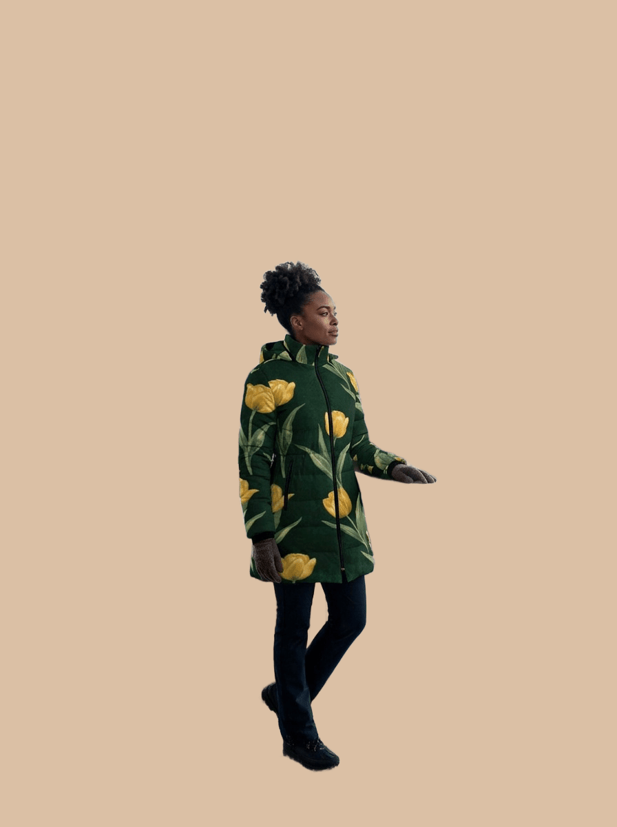 Rich and Rich Women's Emerald Green and Yellow Tulips Hooded Puffer Coat | Luxury Floral Winter Jacket with Detachable Hood - Rich and Rich Homeopportunities