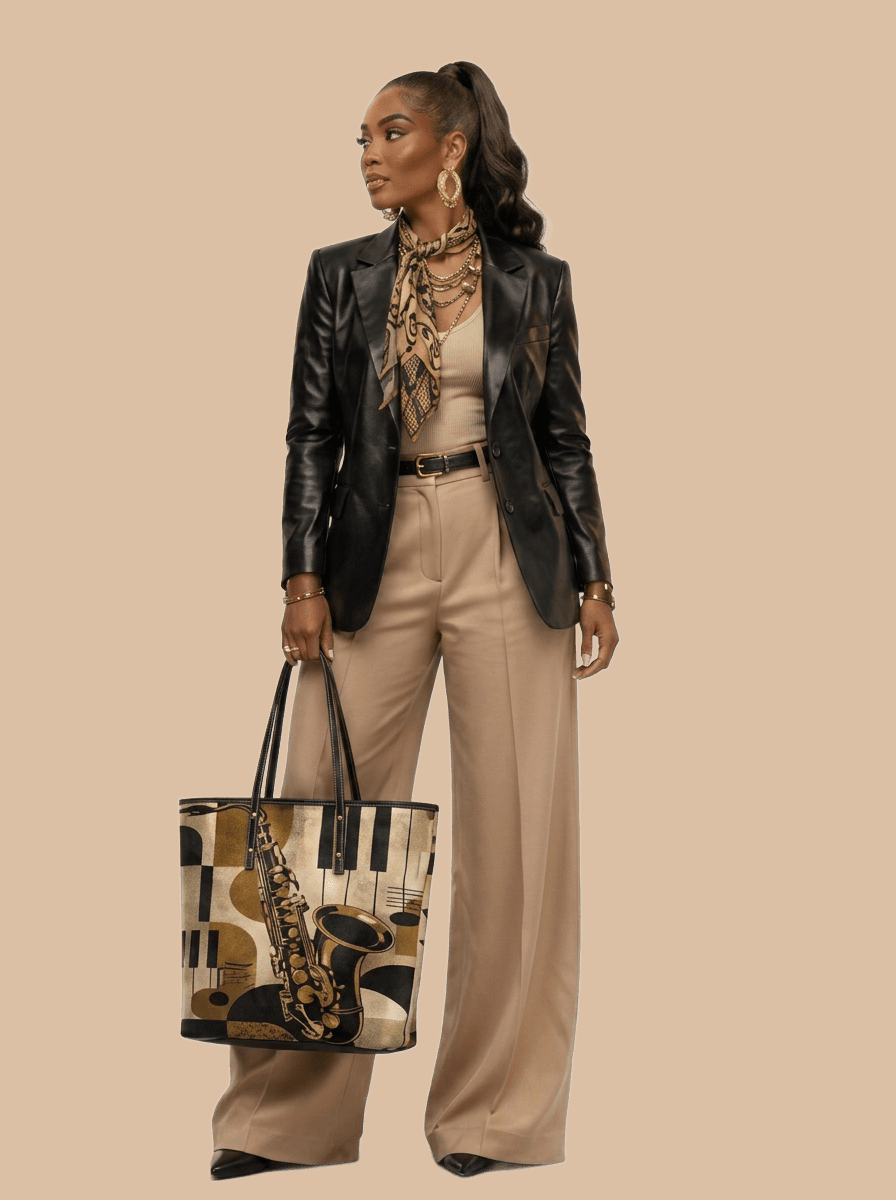 Rich and Rich Retro Jazz Vibes & Saxophone Women's PU Leather Tote Bag | Vintage Music-Inspired Fashion Handbag - Rich and Rich Homeopportunities