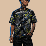 Black men's crew neck t-shirt with multicolor Vertex Mode geometric graphic — rear view