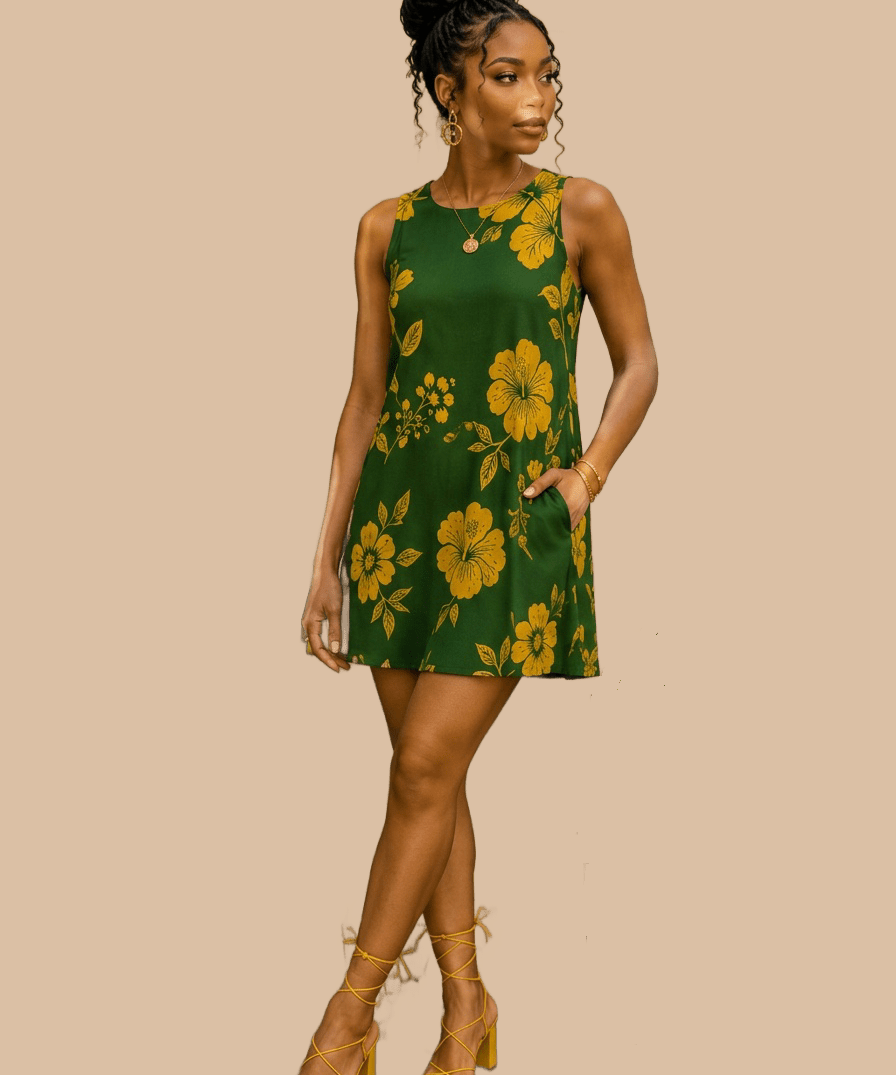 Sleeveless A-line dress with green and yellow floral print and side pockets