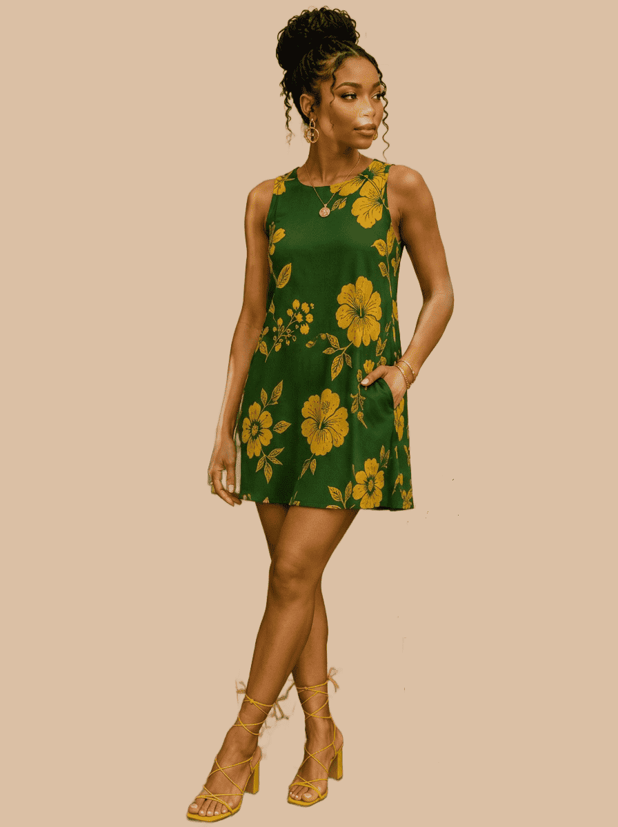 Sleeveless A-line dress with green and yellow floral print and side pockets