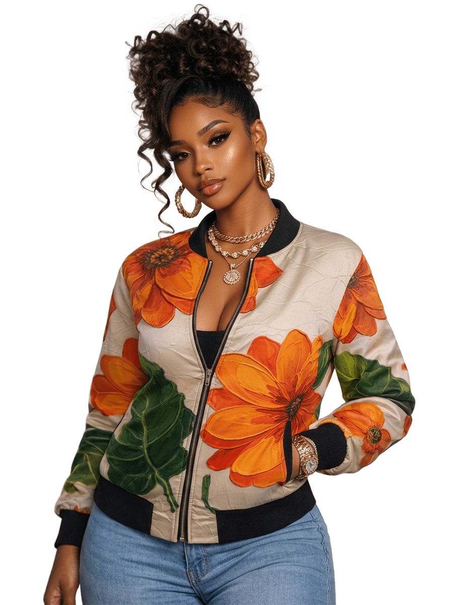A Rich and Rich Women's Reversible Orange Floral Silk Bomber Jacket