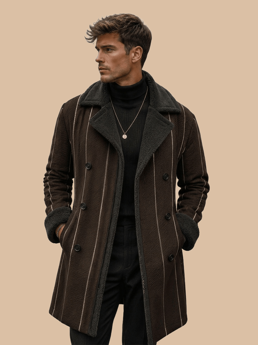 A Rich and Rich Chocolate Pinstripe Men's Double Breasted Coat - Rich and Rich Homeopportunities