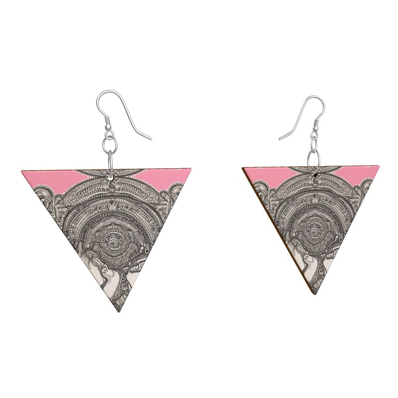 Rich and Rich Pink Destiny designer wooden earrings with geometric shapes and sterling silver hooks