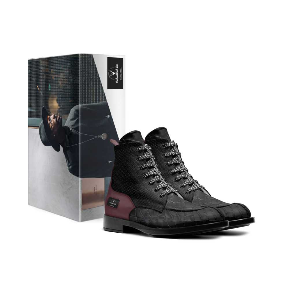 Burgundy and black embossed leather men's biker boots with lace-up front and contrast heel panel
