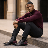 Burgundy and black embossed leather men's biker boots with lace-up front and contrast heel panel — additional view 7