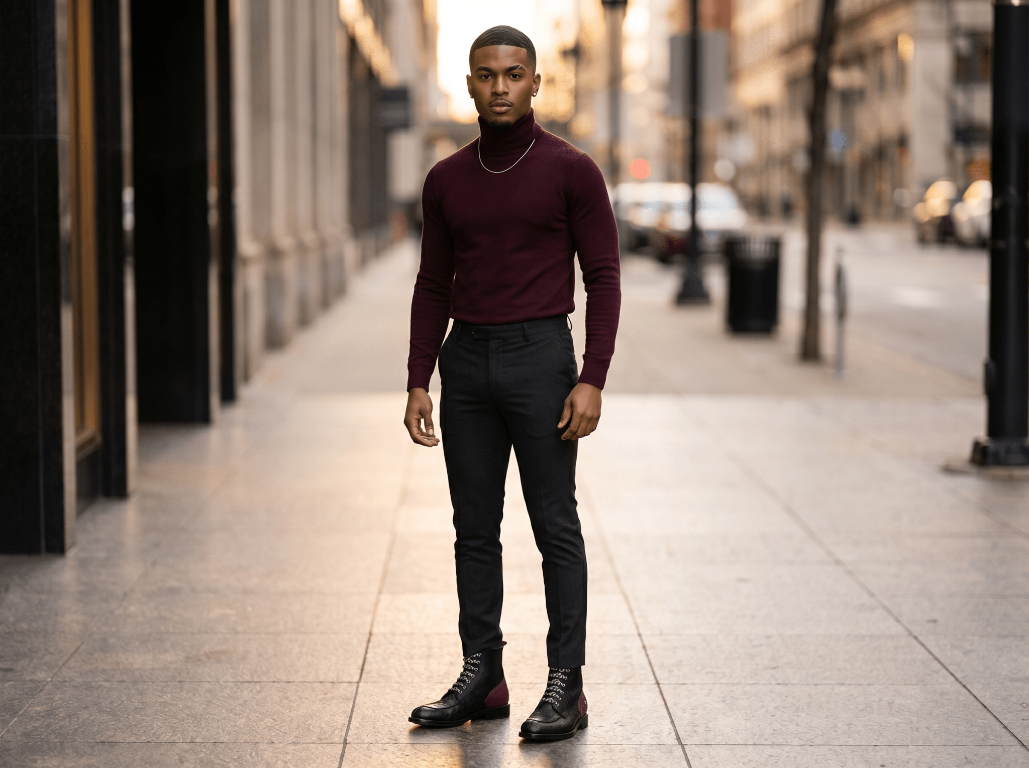 Burgundy and black embossed leather men's biker boots with lace-up front and contrast heel panel — additional view 8