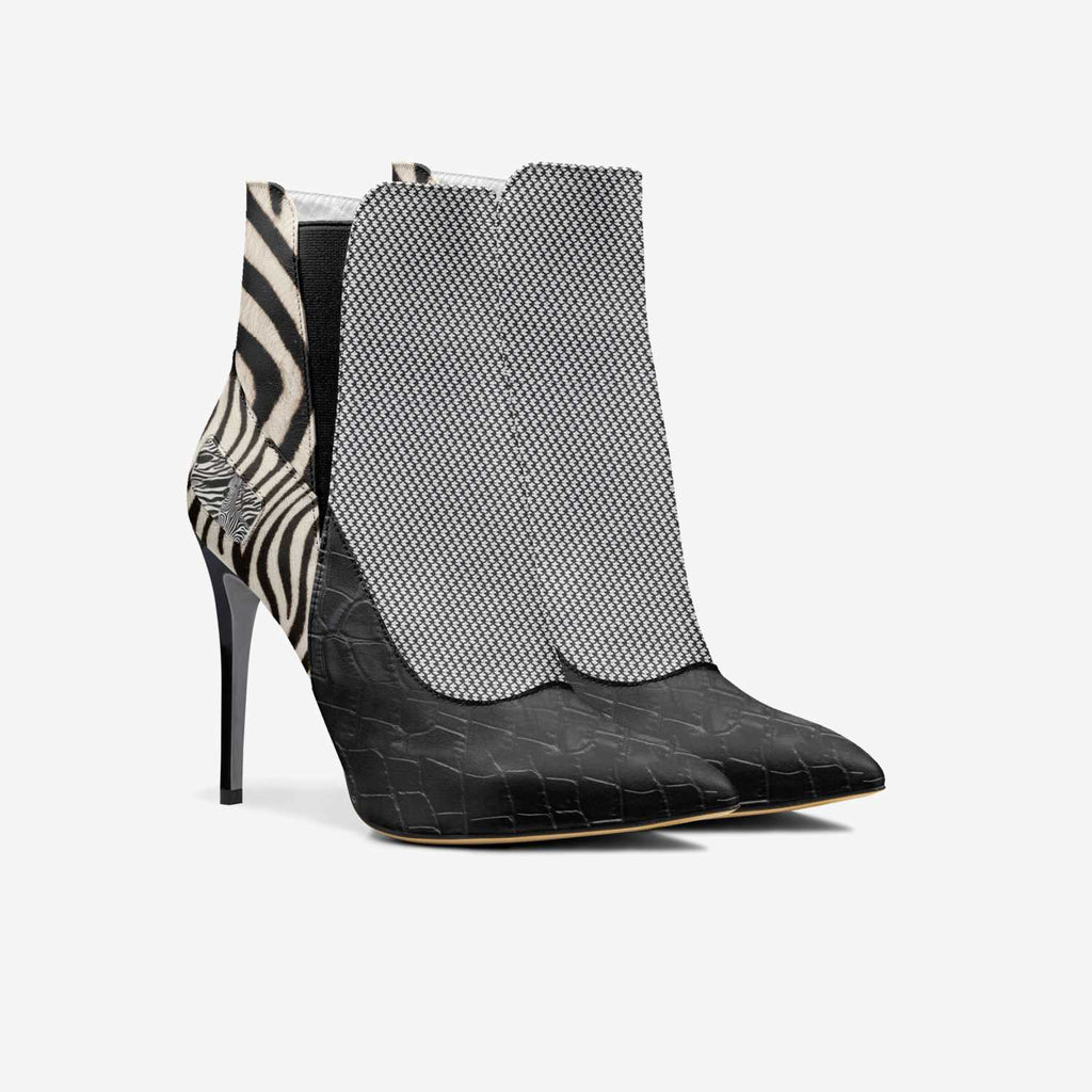 richandrichbizme Black and White Animal Print Women's High Heel Slip On Boot