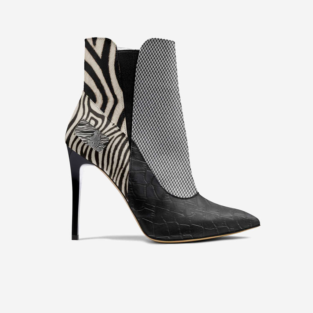 richandrichbizme Black and White Animal Print Women's High Heel Slip On Boot