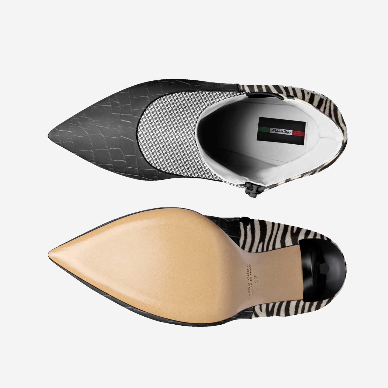 Black and white animal print slip-on boot with 10.5 cm stiletto heel — side view