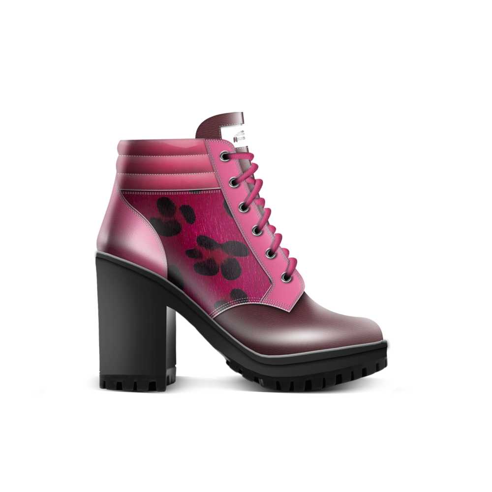 Pink and magenta animal-print leather boot heels with 8.5 cm heel and rubber sole — rear view
