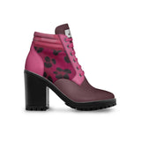 Pink and magenta animal-print leather boot heels with 8.5 cm heel and rubber sole — side view