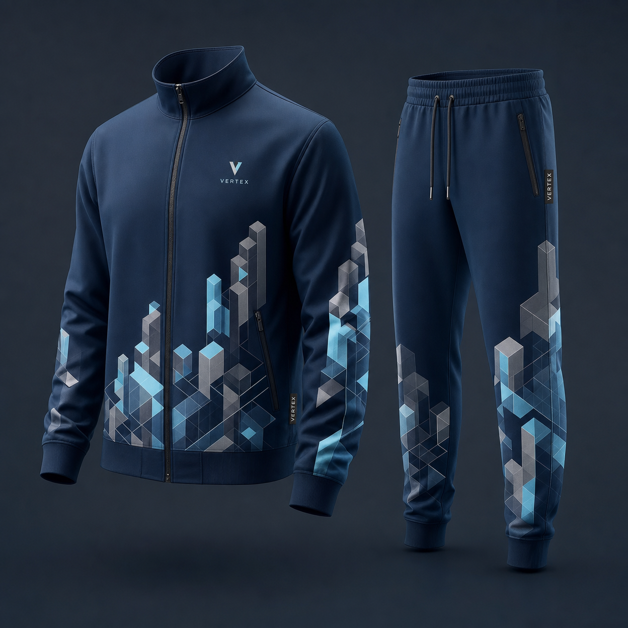 Vertex Isometric City Tracksuit in graphite with signal orange geometric Vertex menswear design