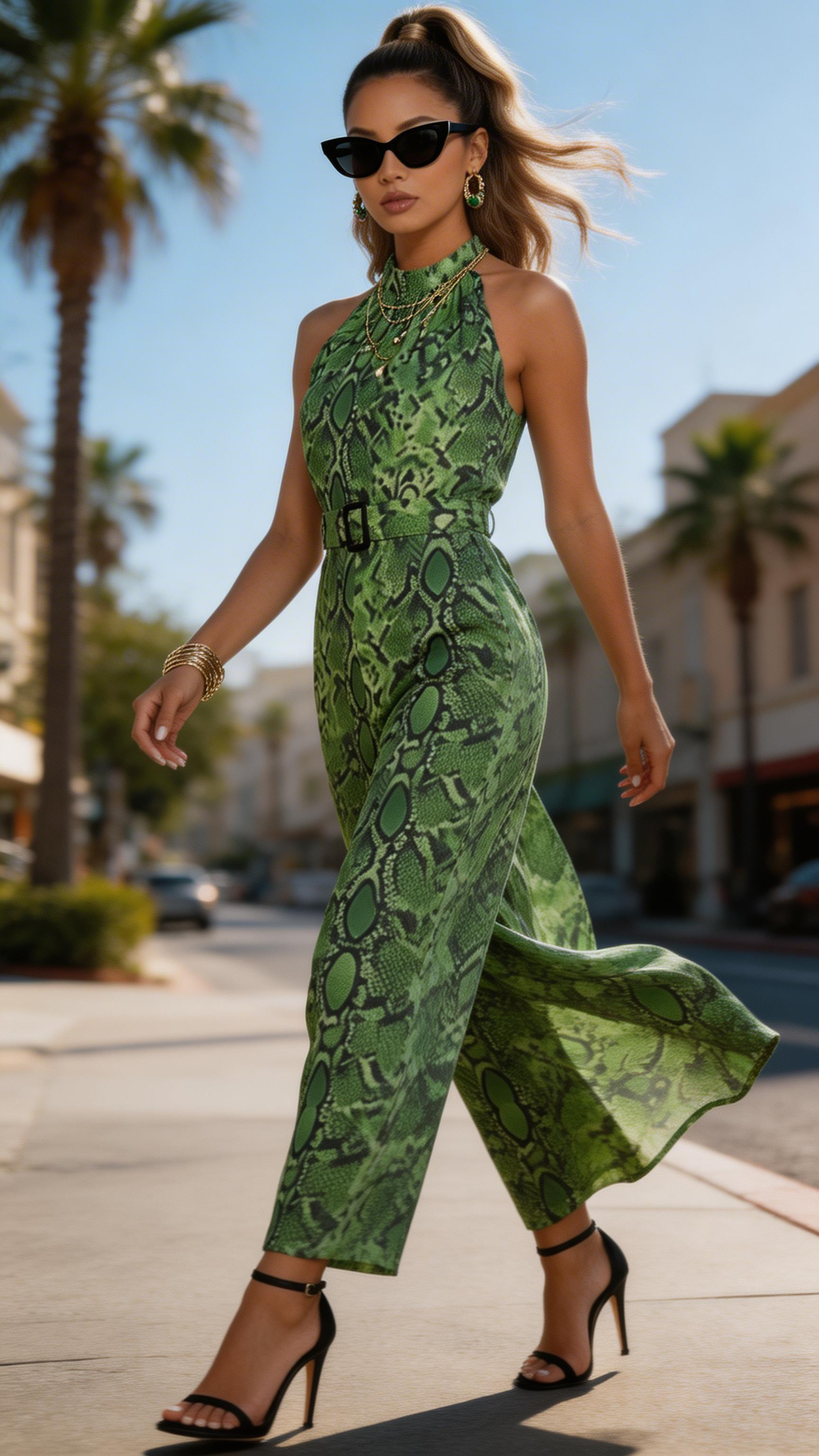 Rich and Rich Women's Green Abstract Print Halter Neck Belted Chiffon Jumpsuit with pockets