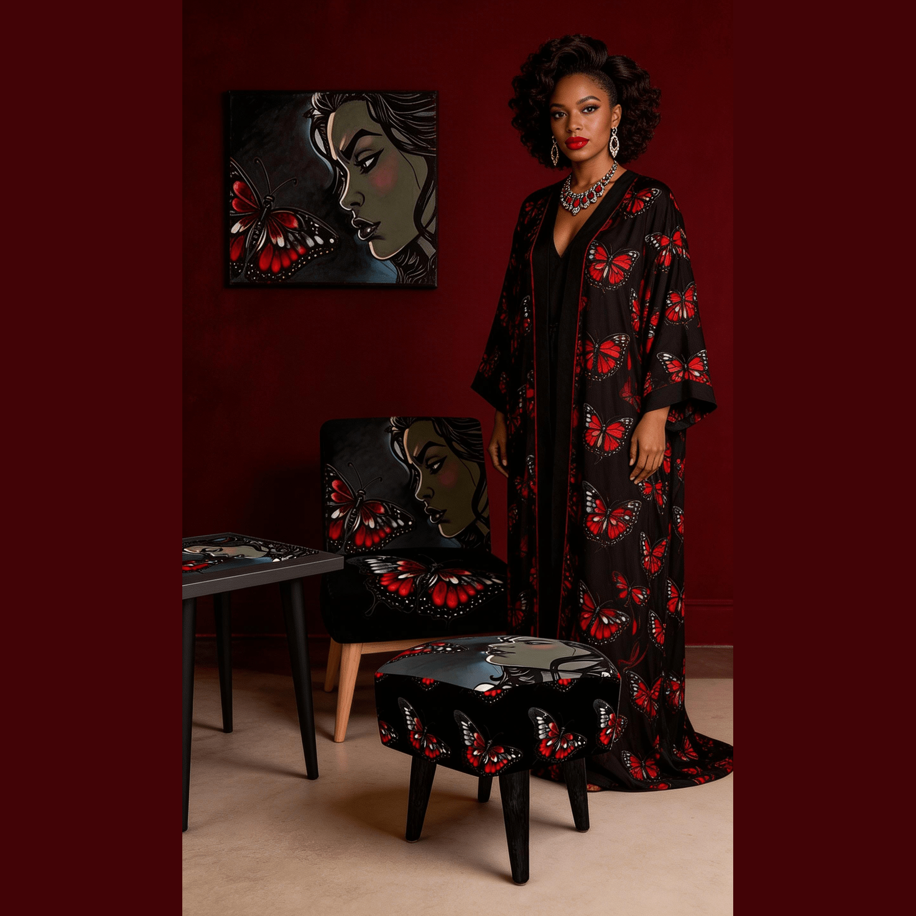 Framed canvas print of black butterfly and caricature figure in swept frame