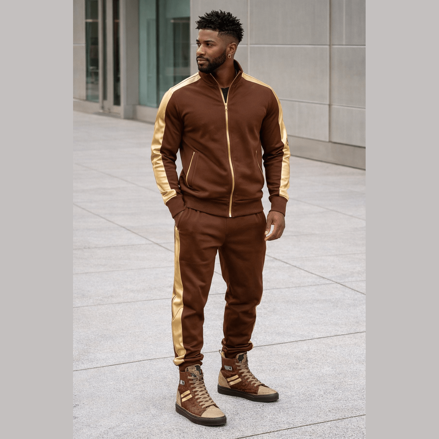Brown high-top men's sneaker with rectangular metal accent and logo patch