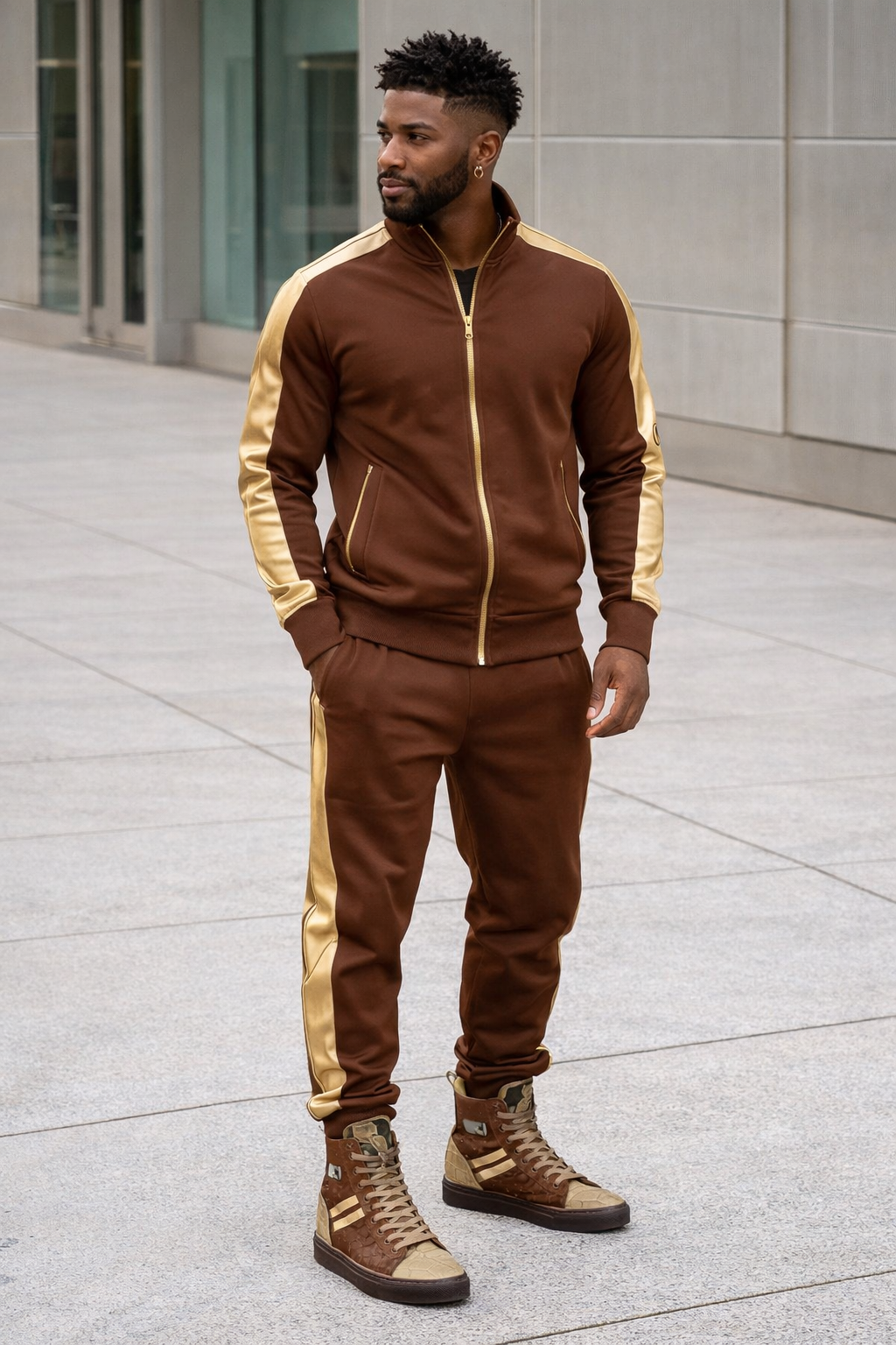 Rich and Rich Brown OtherandHer Basketball Metal High-Top Sneakers showing side view with metal accents