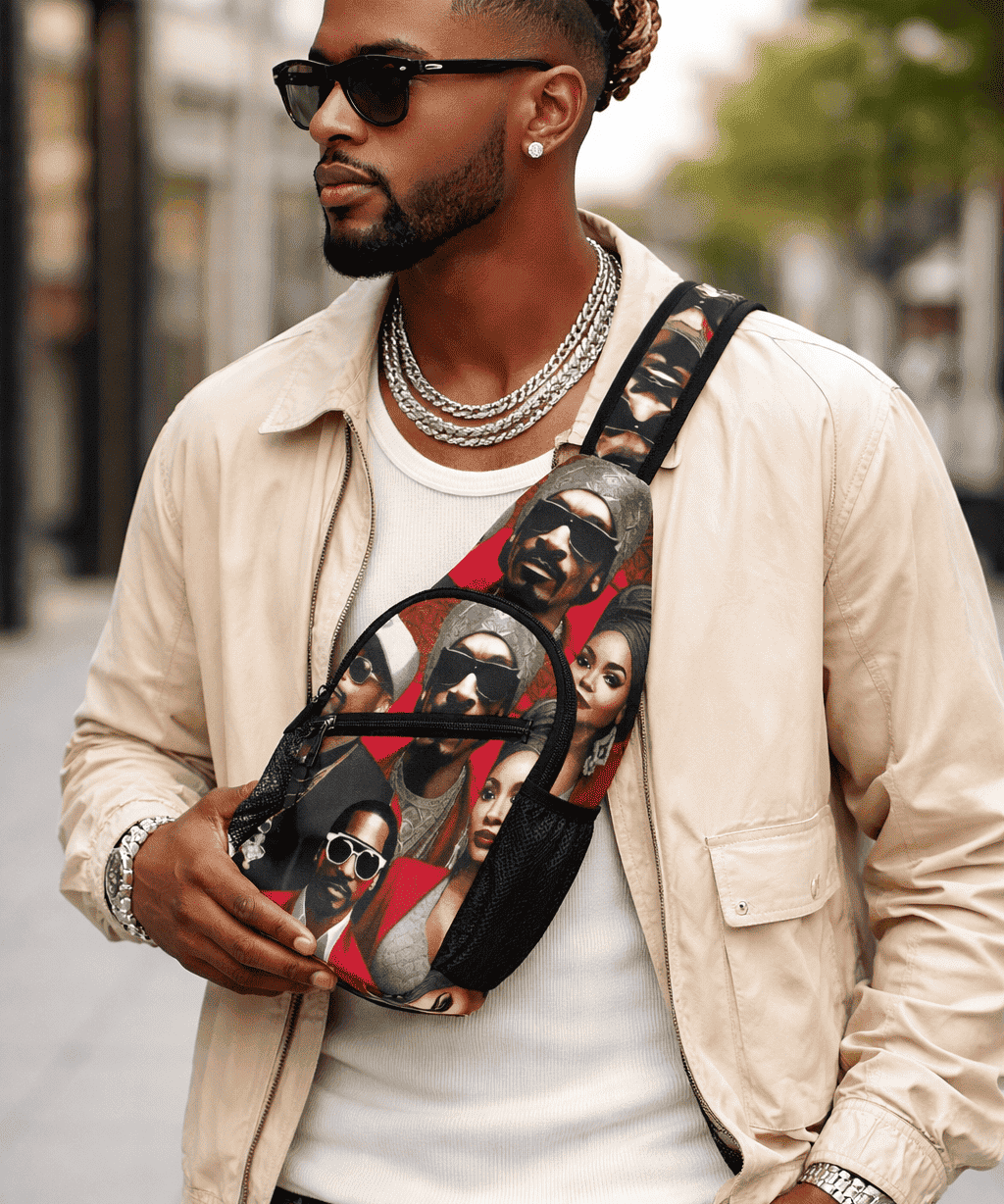 Red caricature-print nylon chest bag with adjustable shoulder strap and roomy main compartment