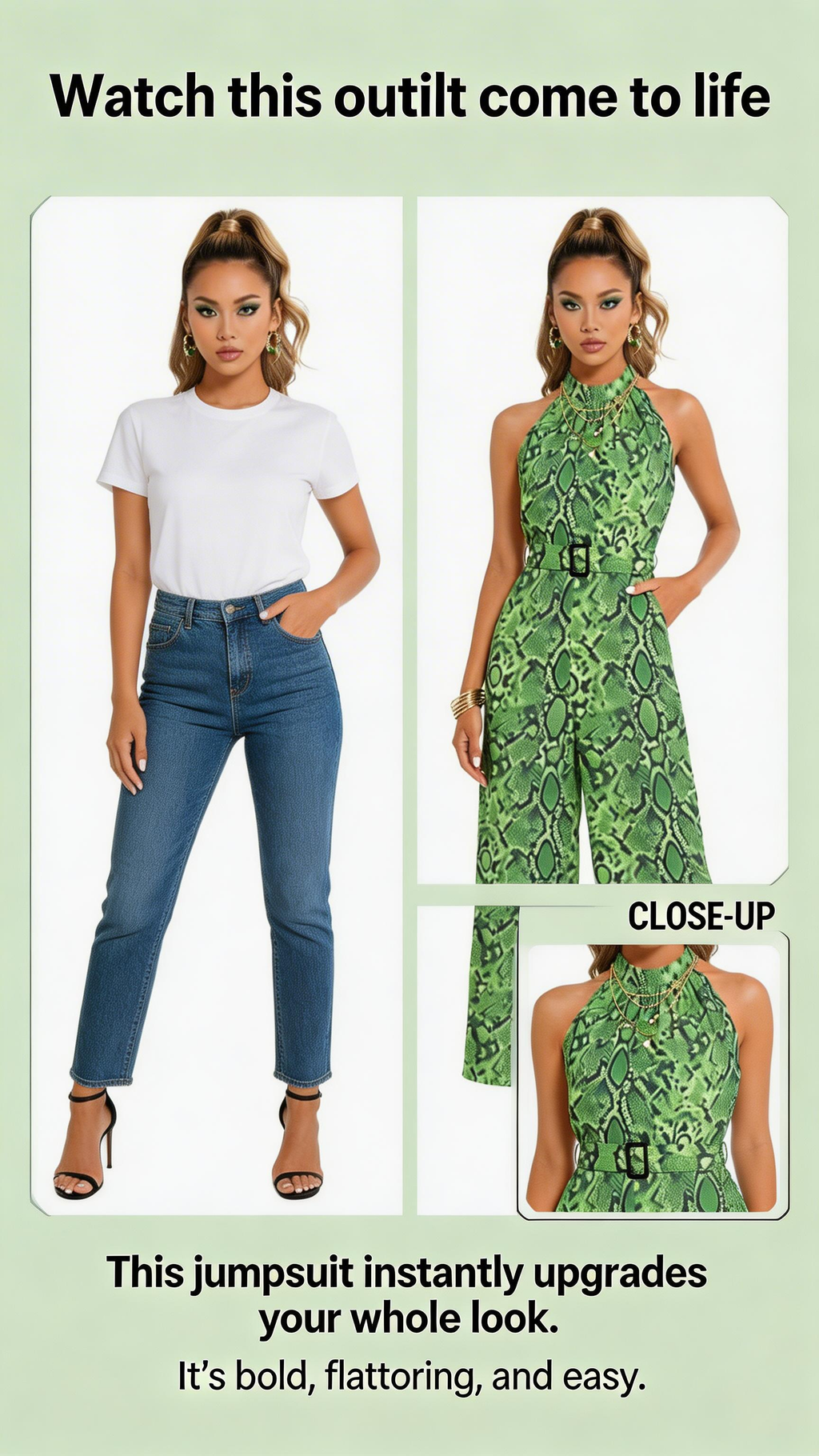 Rich and Rich Women's Green Abstract Print Halter Neck Belted Chiffon Jumpsuit with pockets