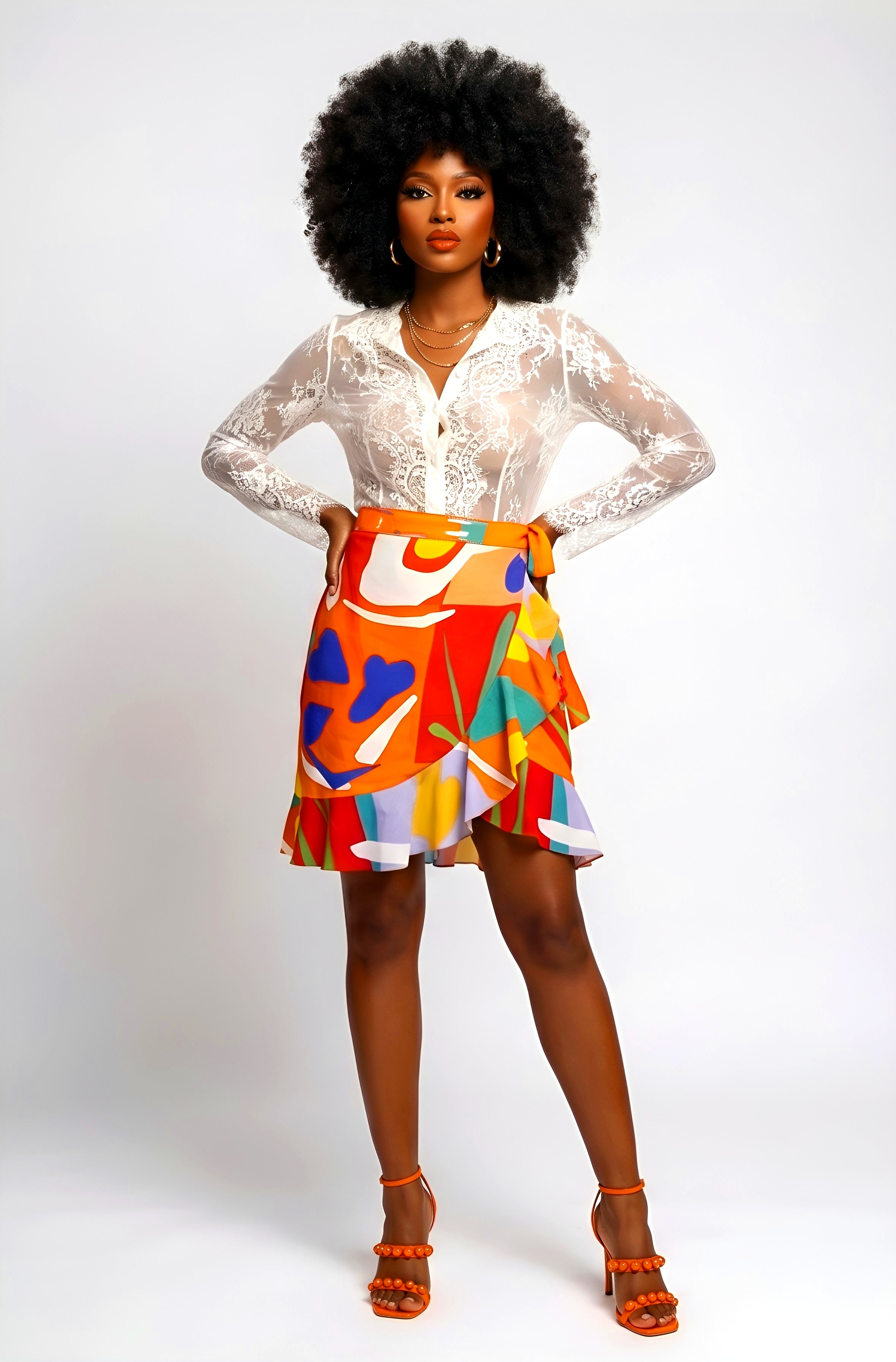 Rich and Rich Orange Abstract Designer Flounce Skirt