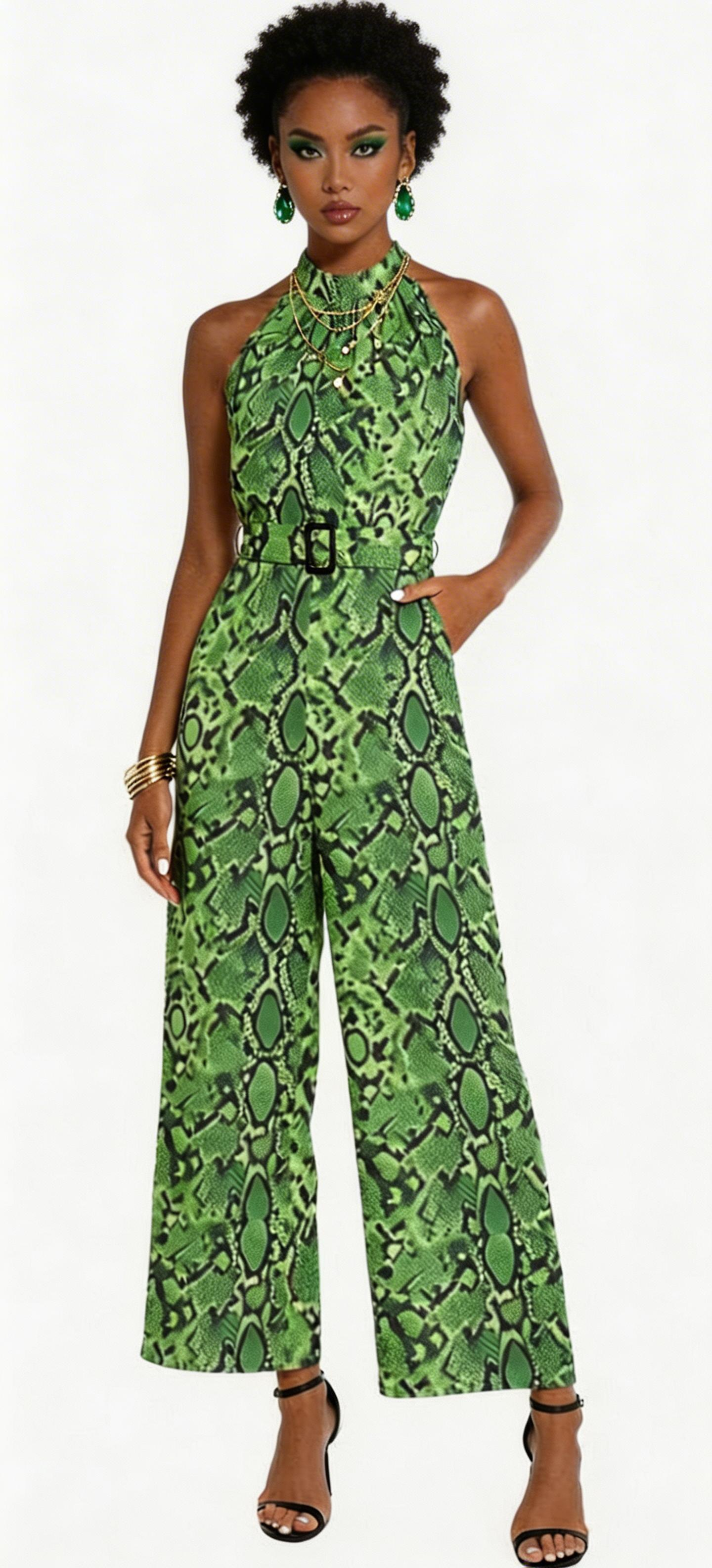 Rich and Rich Women's Green Abstract Print Halter Neck Belted Chiffon Jumpsuit with pockets