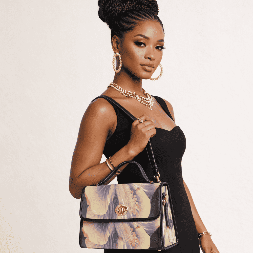 Black waterproof canvas handbag with lavender floral print and PU leather handles