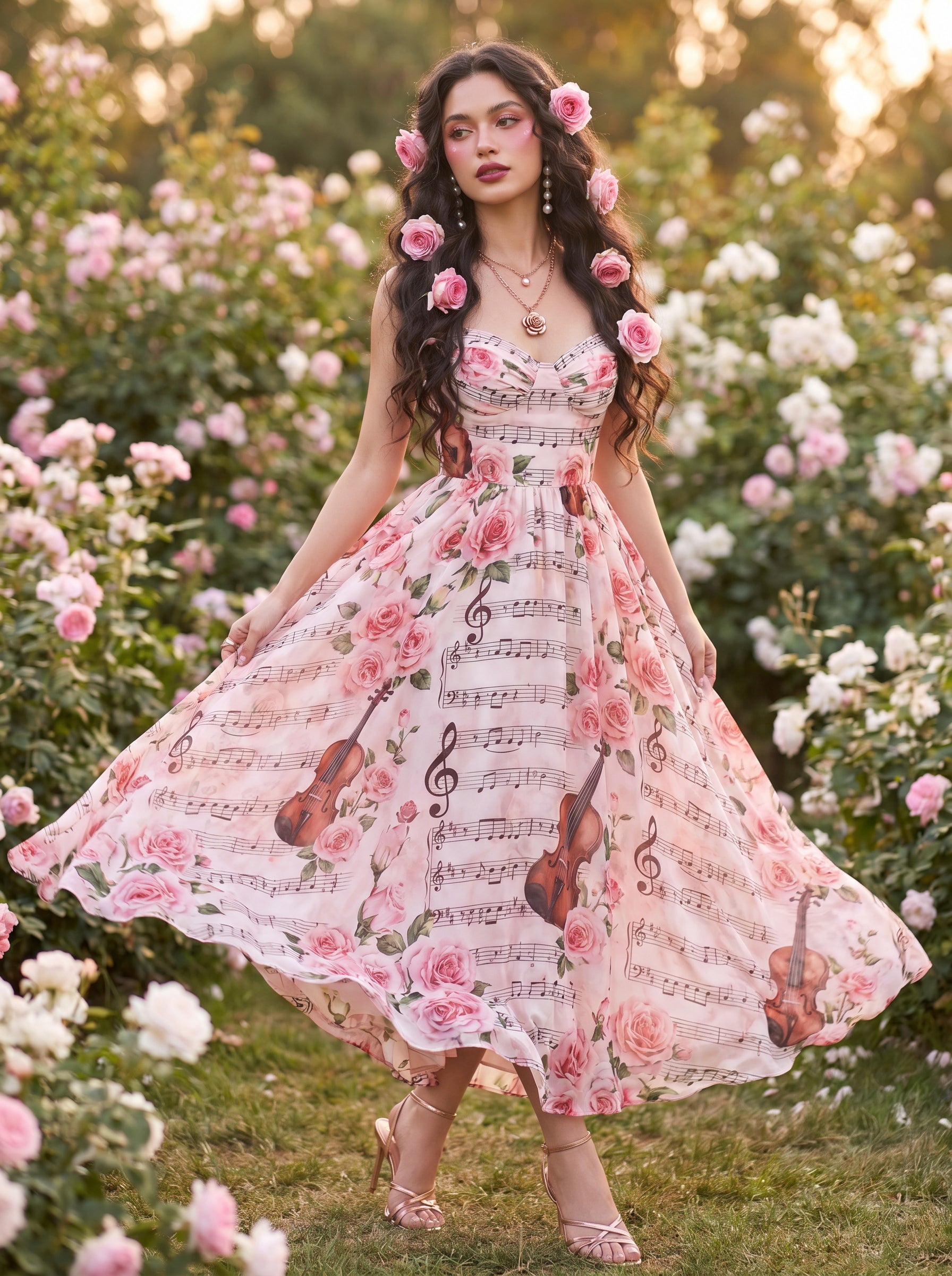 Colombian model with roses in hair wearing Roses Violin Music Notes All-Over Print Maxi Dress