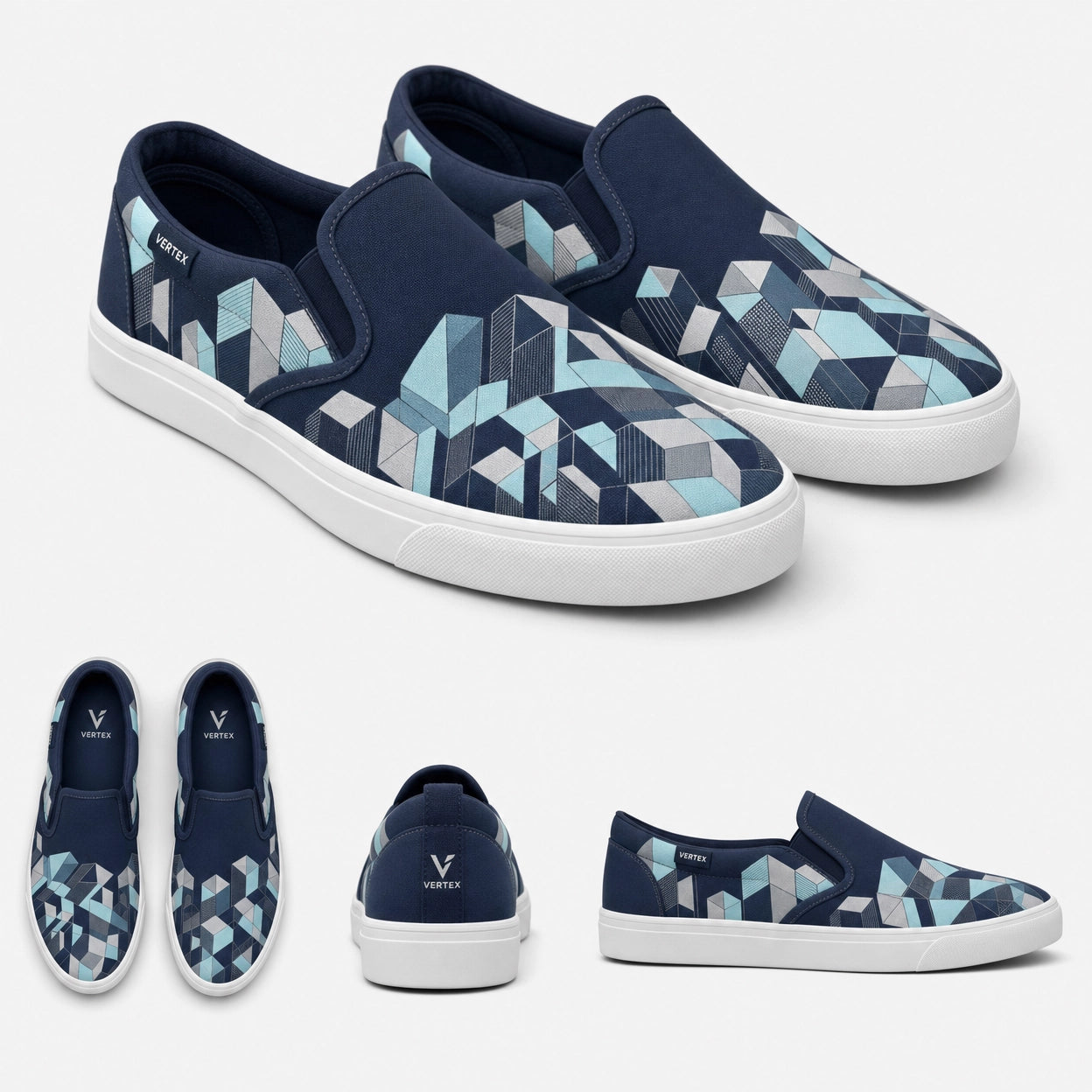 Vertex Isometric City Slip-On Shoe Slip-On Shoe in navy with ice cyan geometric Vertex menswear design