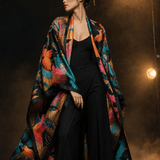 Floor-length kimono-style jacket with multicolor bird and feather print and satin lining