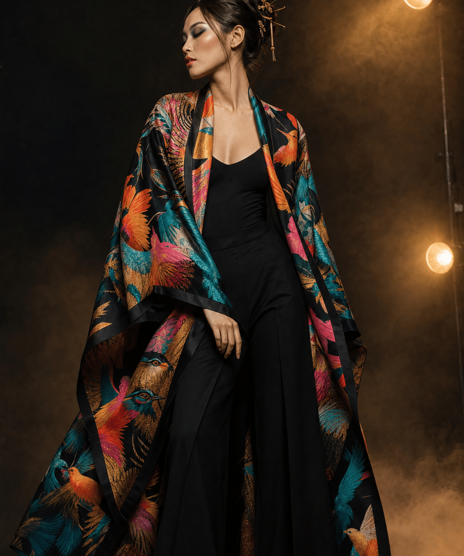 Floor-length kimono-style jacket with multicolor bird and feather print and satin lining