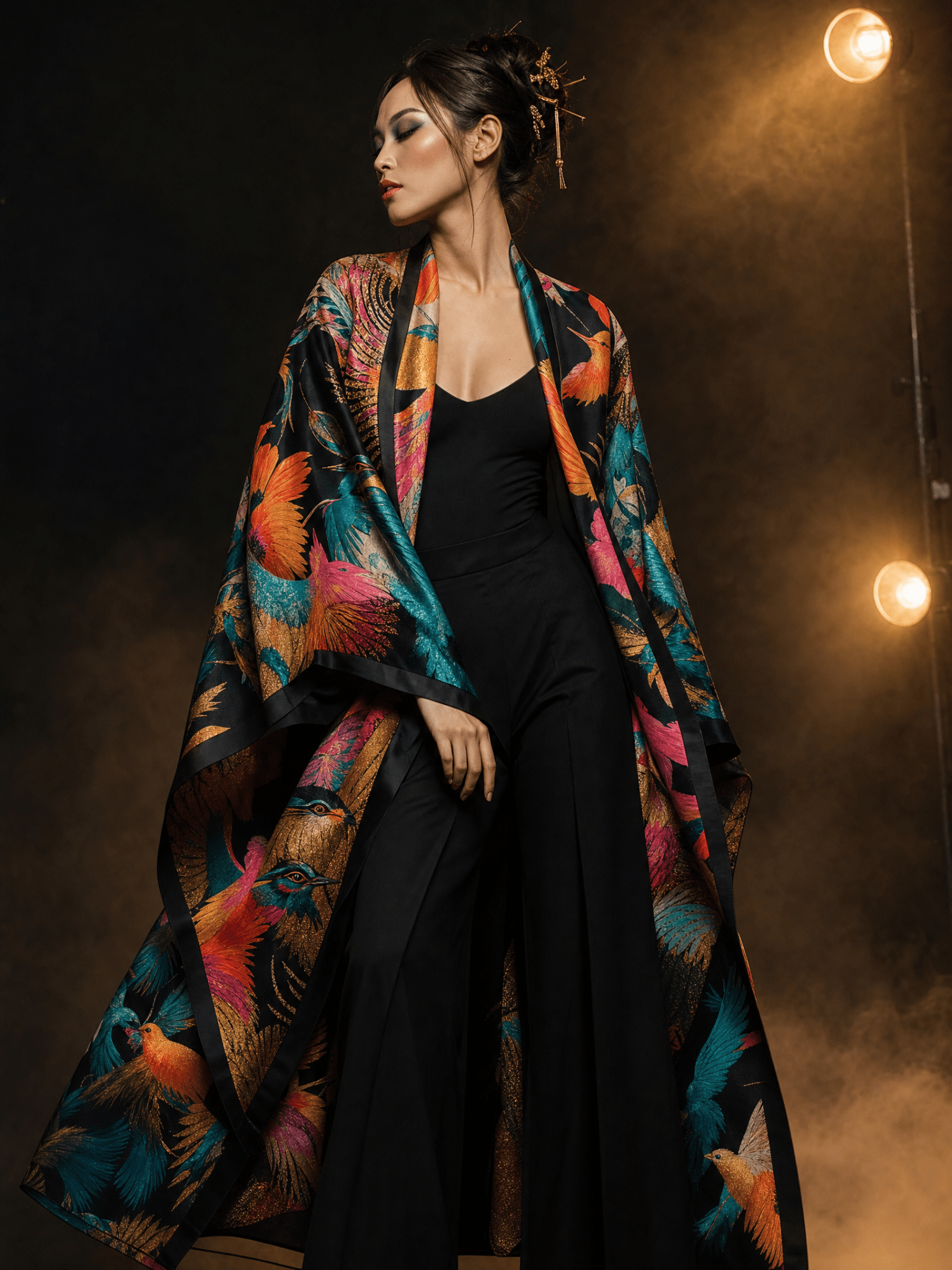 Floor-length kimono-style jacket with multicolor bird and feather print and satin lining — alternate view
