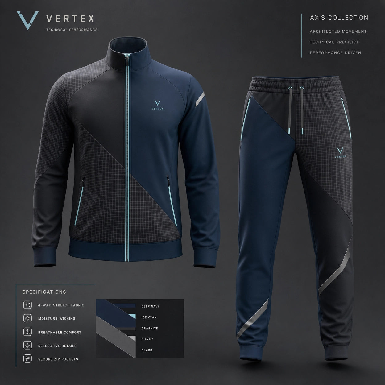 Vertex Axis Split Tracksuit in graphite with signal orange geometric Vertex menswear design