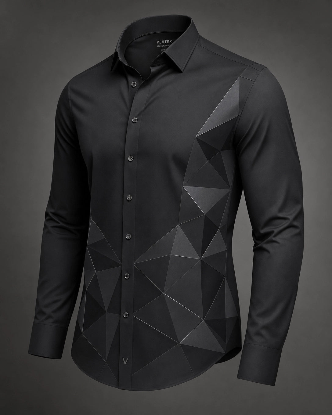 Vertex Triangulated Shadow Button-Up Shirt in black with tonal charcoal geometric Vertex menswear design