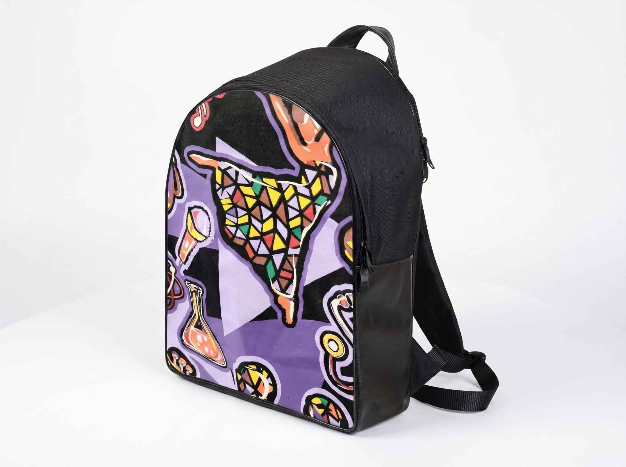Purple abstract backpack with leather accents, padded canvas and waterproof lining, fits up to 17-inch lapto — alternate view