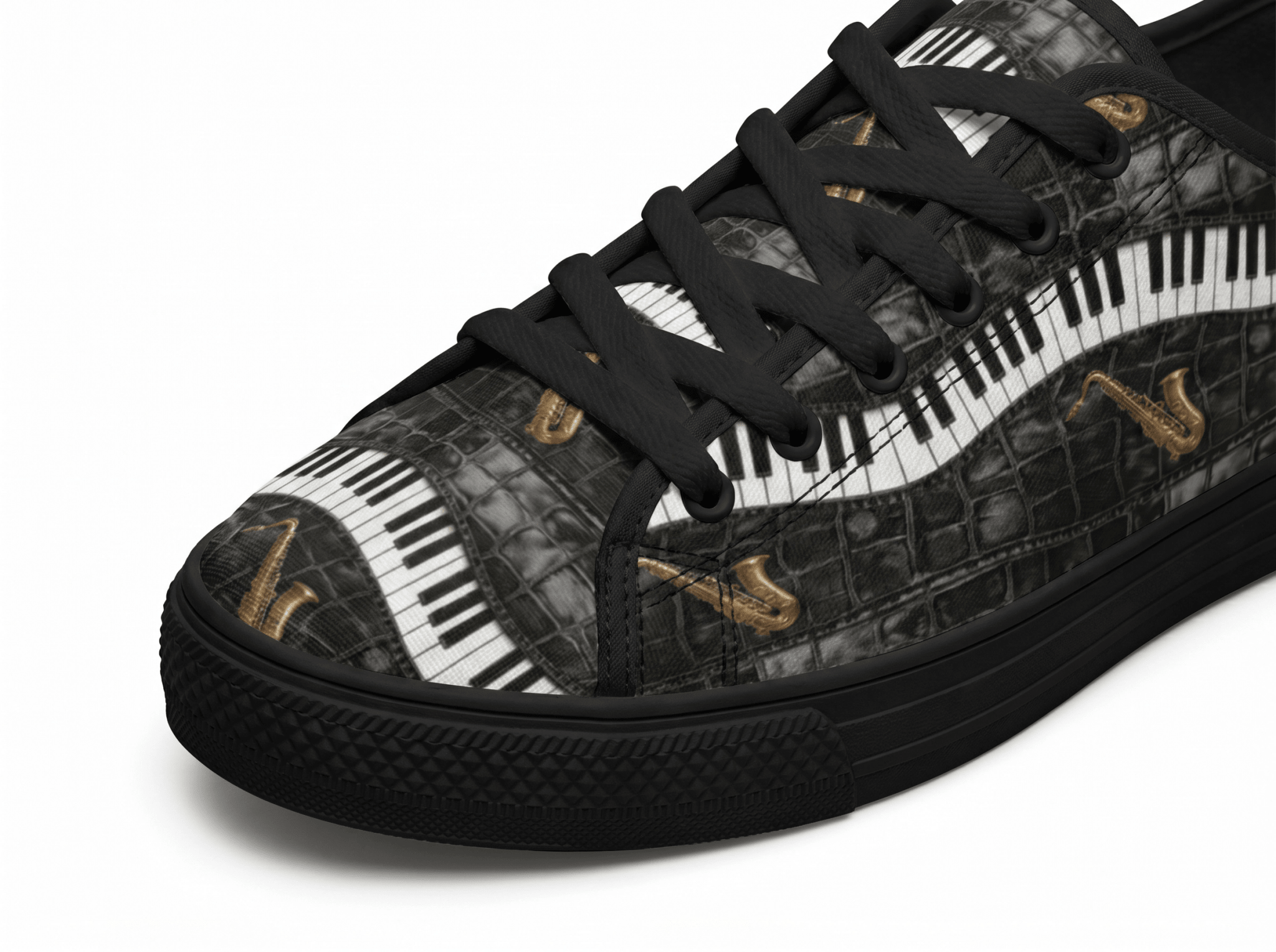 Men’s low-top black camo canvas sneakers with piano and saxophone print and rubber outsole — additional view 10
