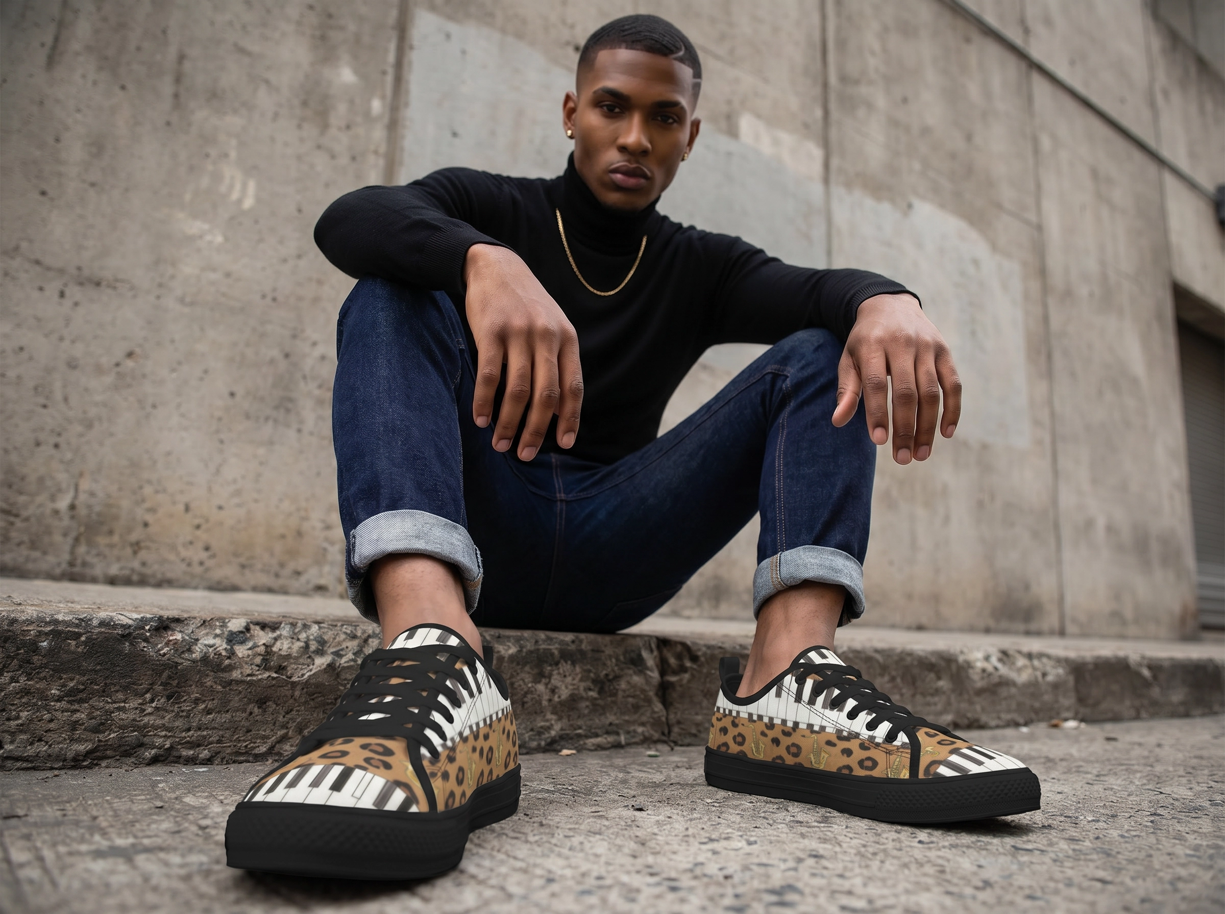 Rich and Rich Men's Brown Animal Piano Saxophone Canvas Low Top Sneaker