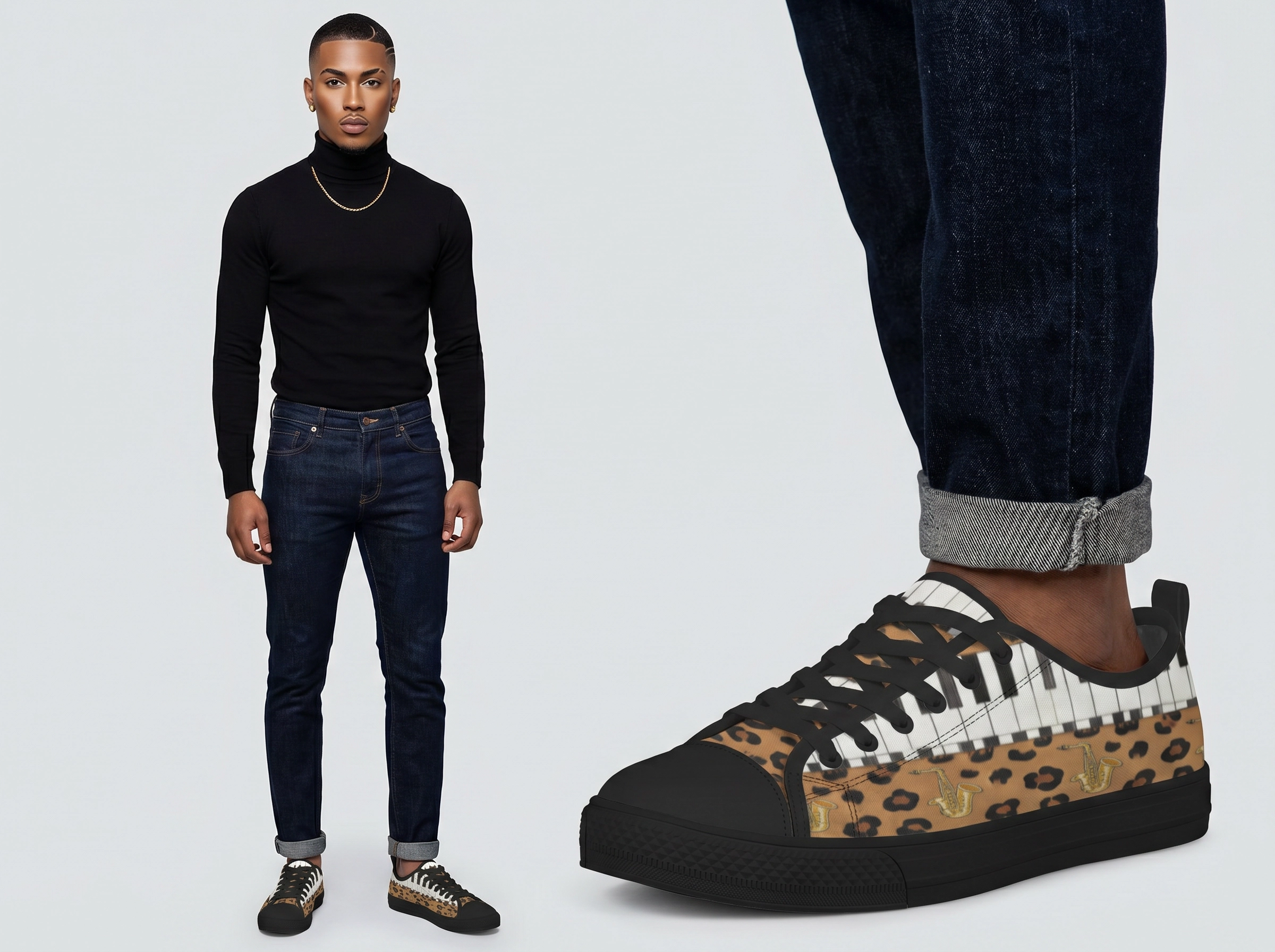 Rich and Rich Men's Brown Animal Piano Saxophone Canvas Low Top Sneaker